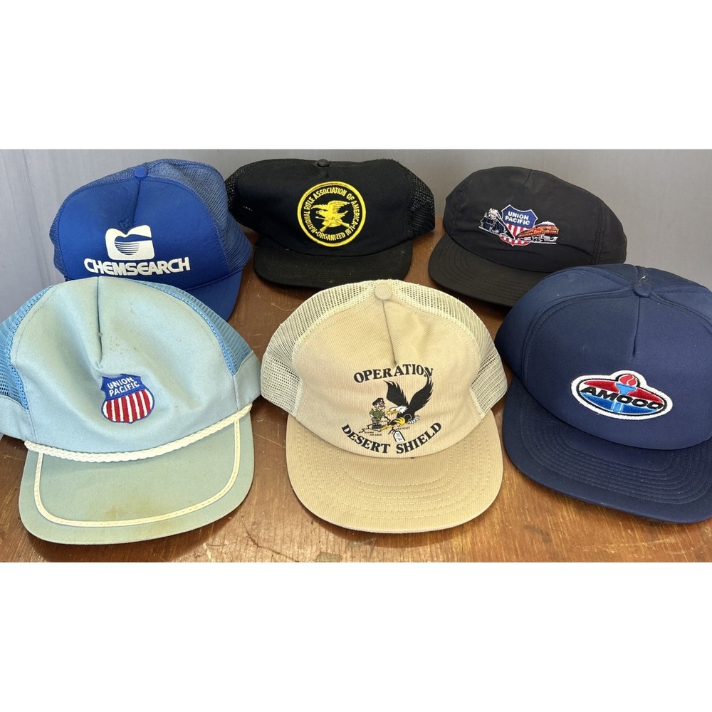 Lot 6 Vintage Snapback Hats Union Pacific Amoco NRA Desert Shield Trucker Caps